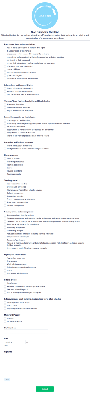 Staff Orientation Checklist Form Template