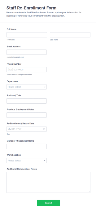 Staff Re Enrollment Form Template