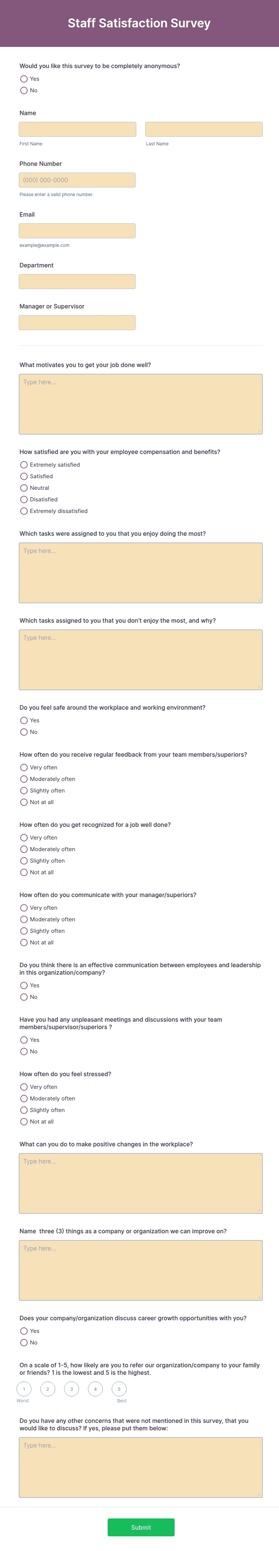 Staff Satisfaction Survey Form Template | Jotform
