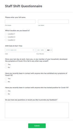Staff Shift Questionnaire Form Template