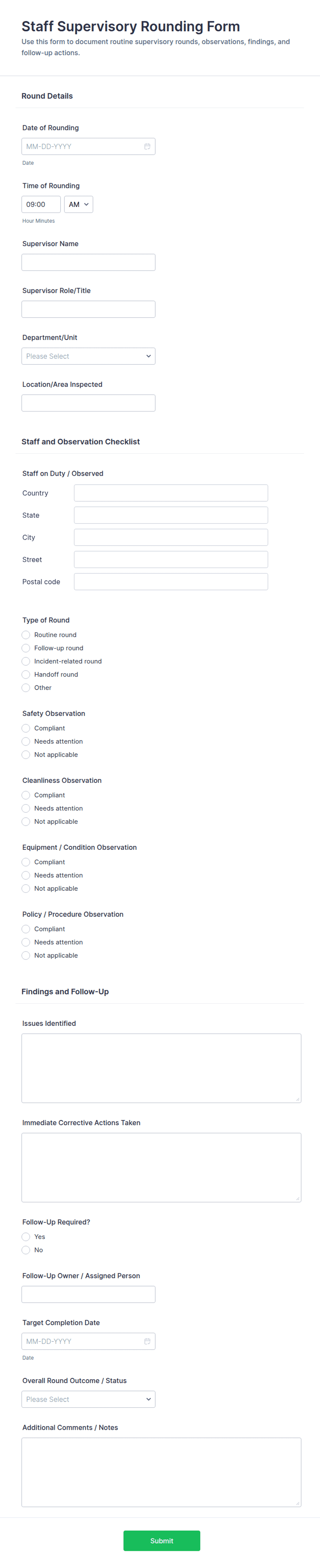 Staff Supervisory Rounding Form Template | Jotform
