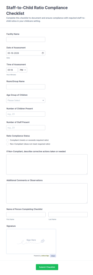 Staff To Child Ratio Compliance Checklist Form Template