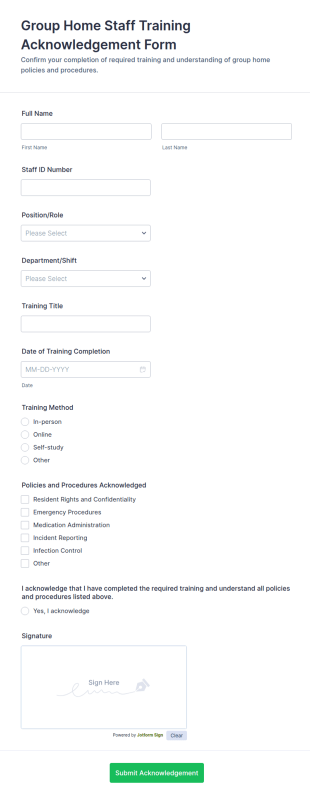 Staff Training Acknowledgement Form Template