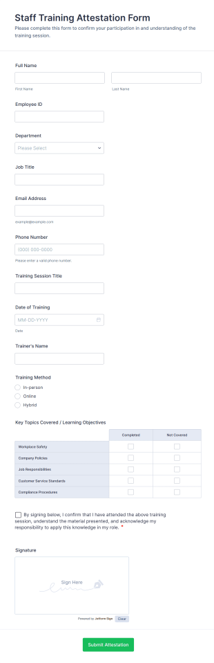 Staff Training Attestation Form Template
