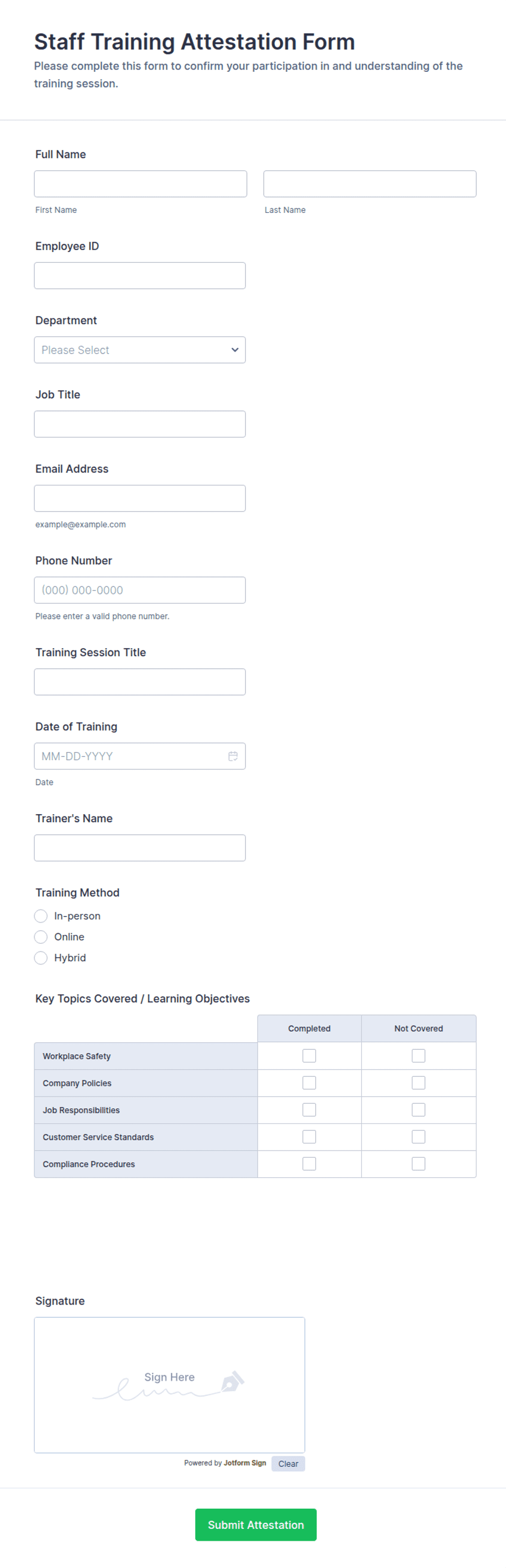 Retraining Signature Form Staff Training Attestation Form Template | Jotform