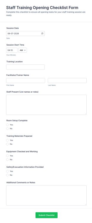 Staff Training Opening Checklist Form Template