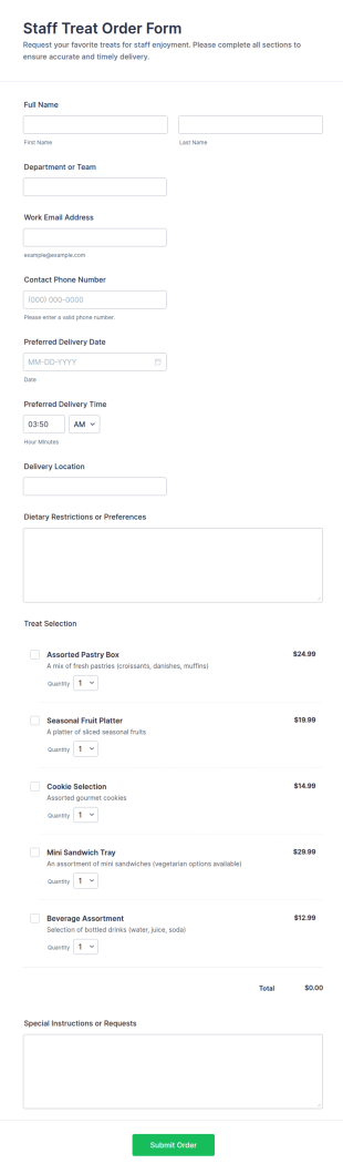Staff Treat Order Form Template