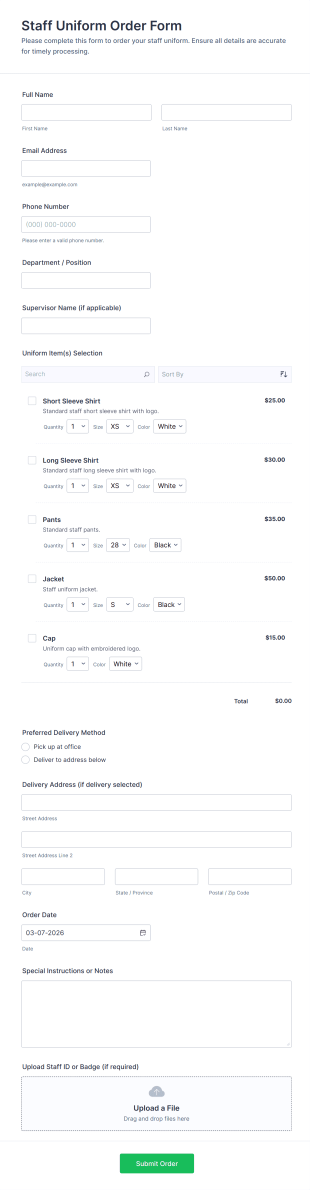 Staff Uniform Order Form Template