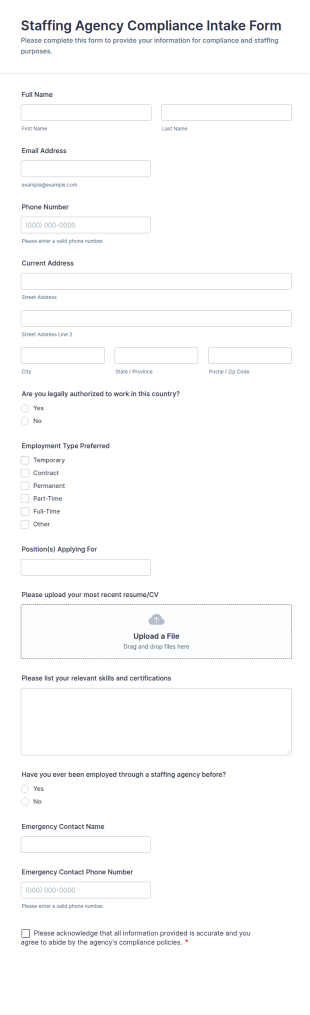 Staffing Agency Compliance Intake Form Template