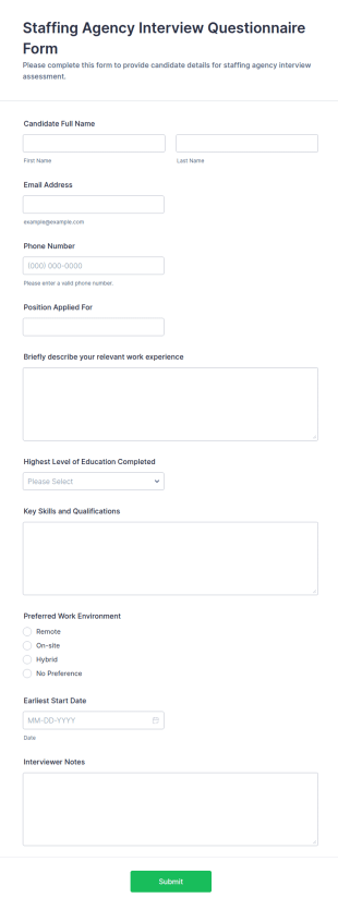 Staffing Agency Interview Questionnaire Form Template