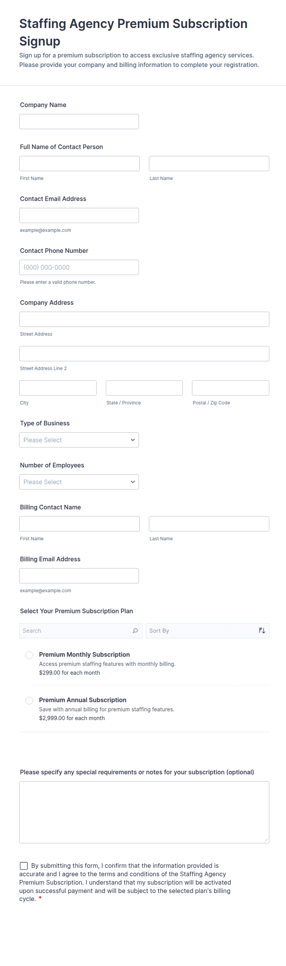 Retainer Subscription Form Staffing Agency Premium Subscription Signup Form Template | Jotform