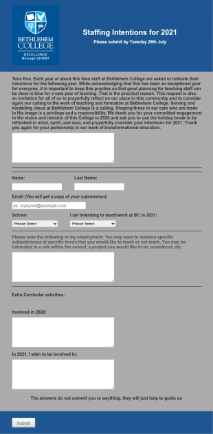 Staffing Intention Submission Form Template