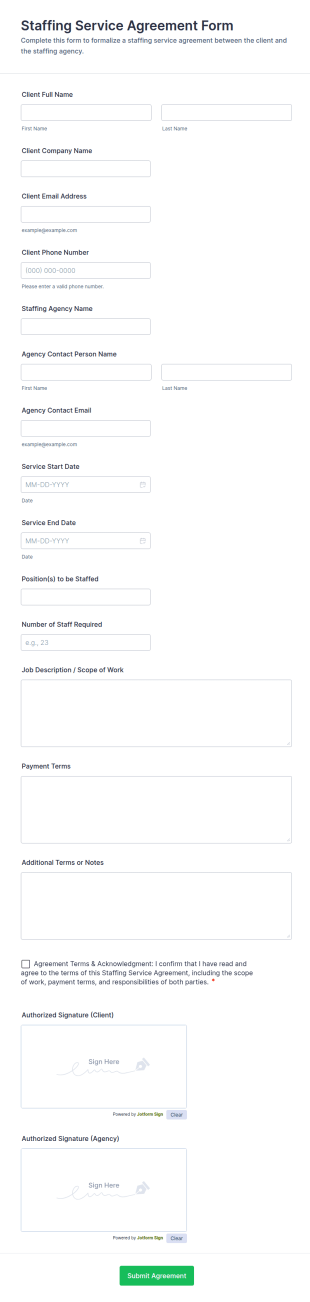 Staffing Service Agreement Form Template