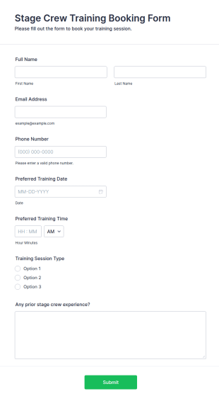 Stage Crew Training Booking Form Template