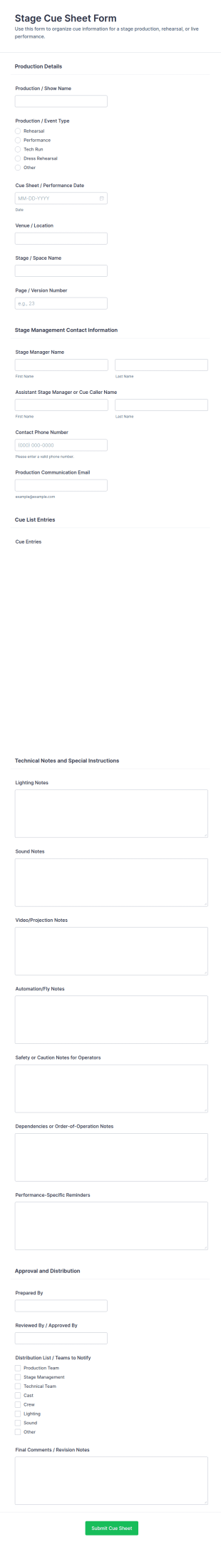 Stage Cue Sheet Form Template