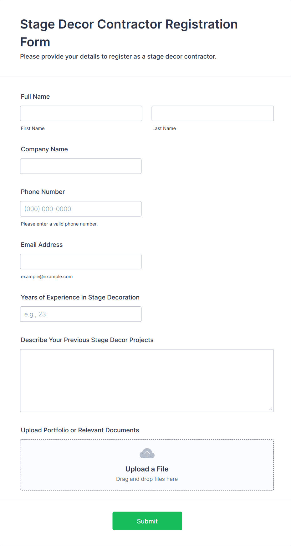 Stage Decor Contractor Registration Form Template Jotform