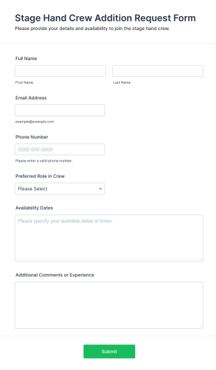 Stage Hand Crew Addition Request Form Template
