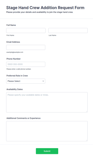 Stage Hand Crew Addition Request Form Template