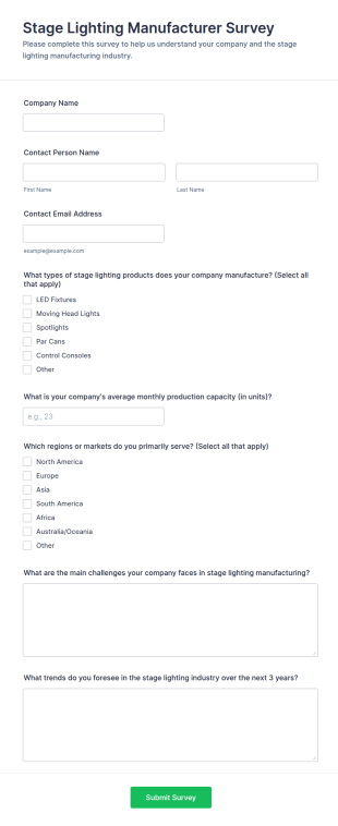 Stage Lighting Manufacturer Survey Form Template