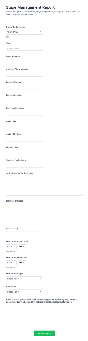 Stage Management Report Form Template