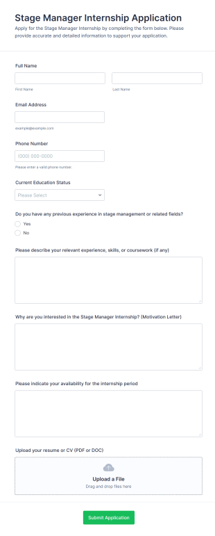 Stage Manager Internship Application Form Template