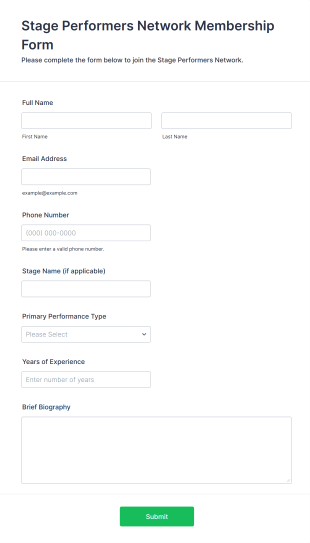 Stage Performers Network Membership Form Template