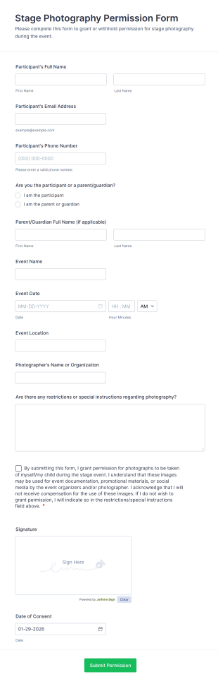 Stage Photography Permission Form Template