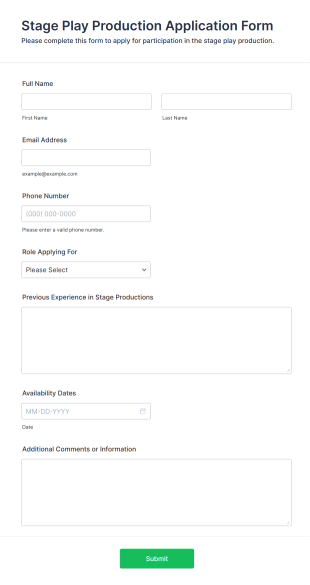 Stage Play Production Application Form Template