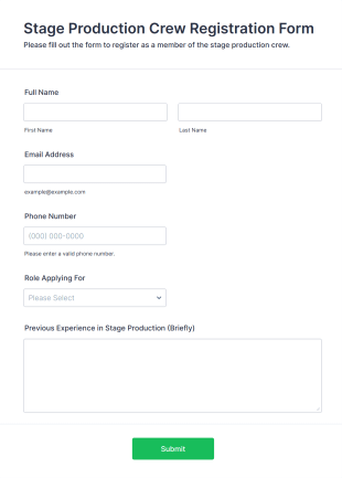 Stage Production Crew Registration Form Form Template