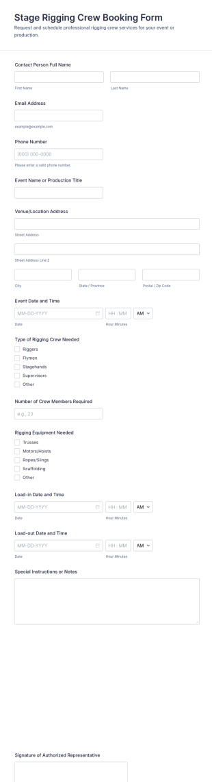 Stage Rigging Crew Booking Form Template