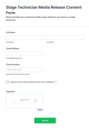 Stage Technician Media Release Consent Form Template