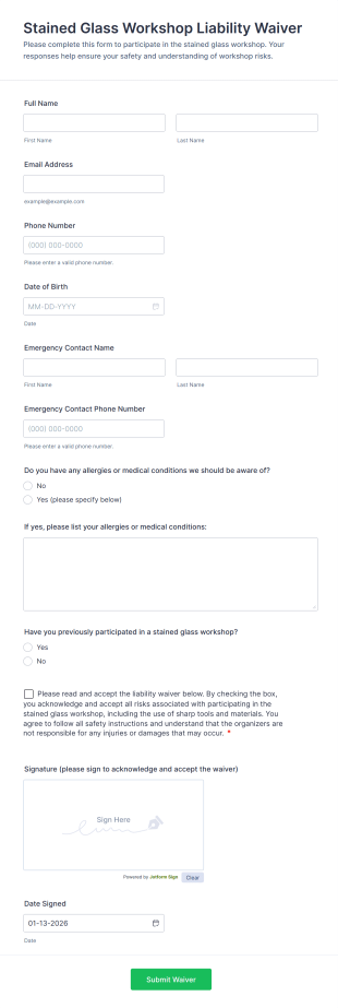 Stained Glass Workshop Liability Waiver Form Template