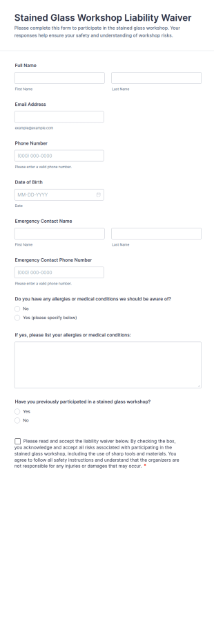 Stained Glass Workshop Liability Waiver Form Template