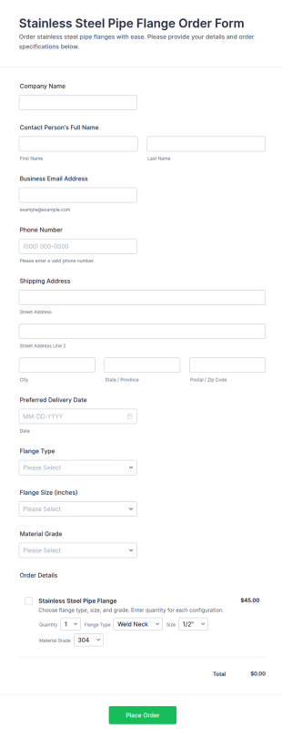 Stainless Steel Pipe Flange Order Form Template