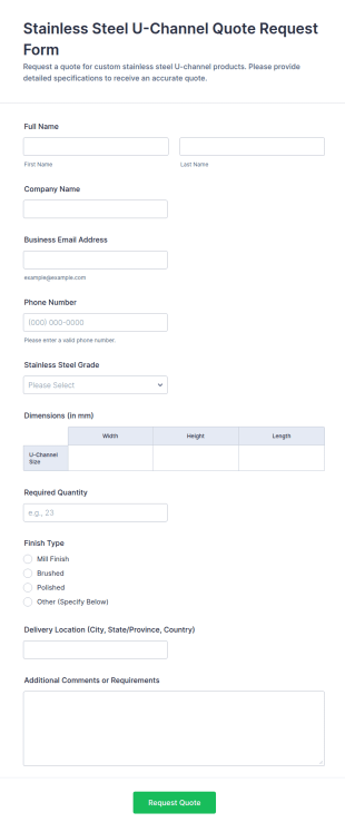 Stainless Steel U Channel Quote Request Form Template