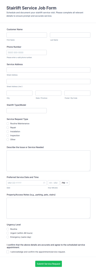 Stairlift Service Job Form Template
