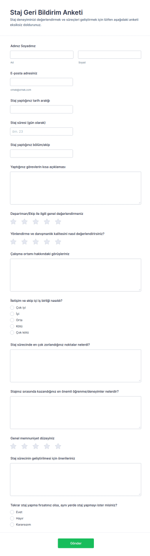 Staj Geri Bildirim Anketi Form Şablonu