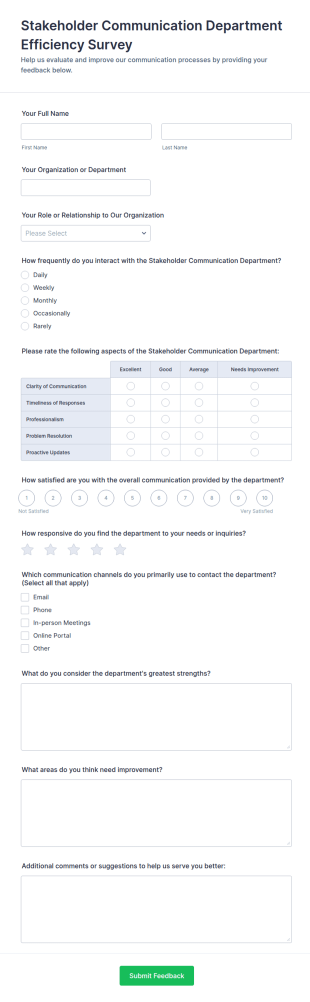 Stakeholder Communication Department Efficiency Survey Form Template