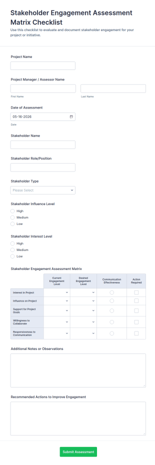 Stakeholder Engagement Assessment Matrix Checklist Form Template