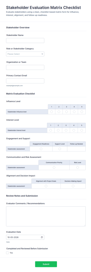 Stakeholder Evaluation Matrix Checklist Form Template