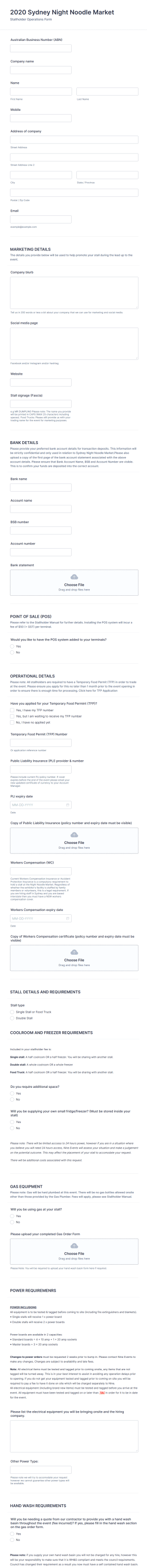 Stallholder Operations Form Template