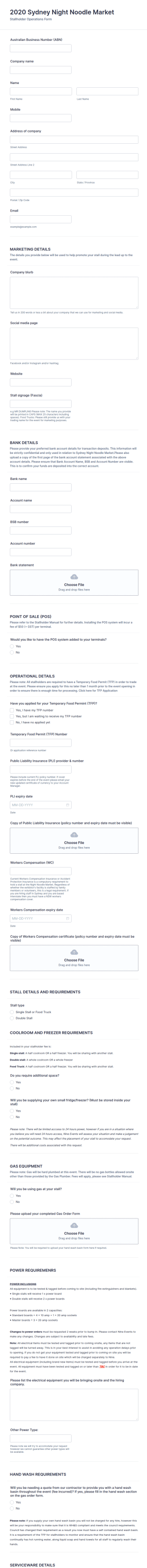 Stallholder Operations Form Template