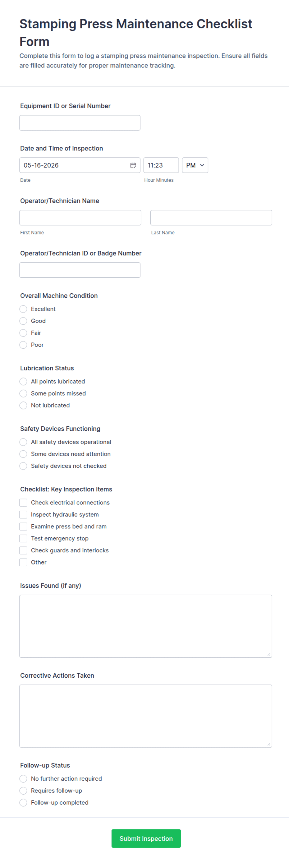 Stamping Press Maintenance Checklist Form Template | Jotform