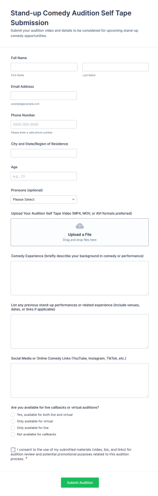 Stand Up Comedy Audition Self Tape Submission Form Template