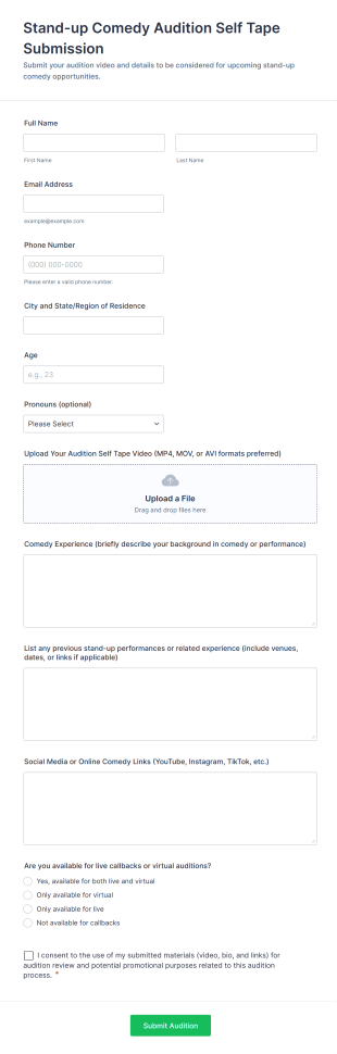 Stand Up Comedy Audition Self Tape Submission Form Template