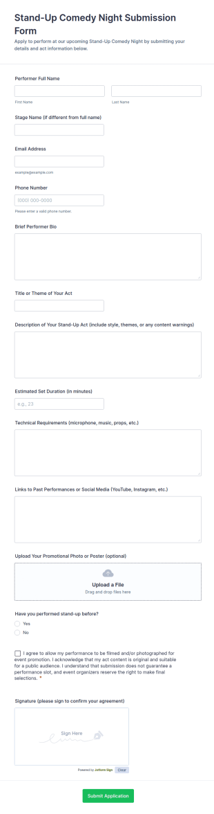 Stand Up Comedy Night Submission Form Template