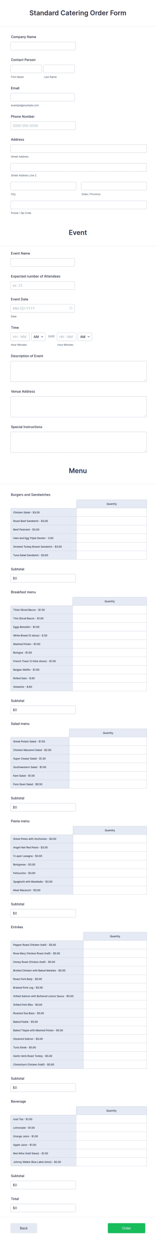 Standard Catering Order Form Template