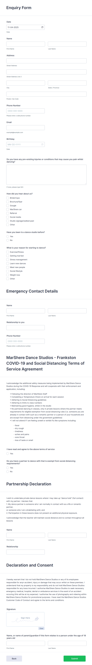 Dance Studio Enquiry Form Template