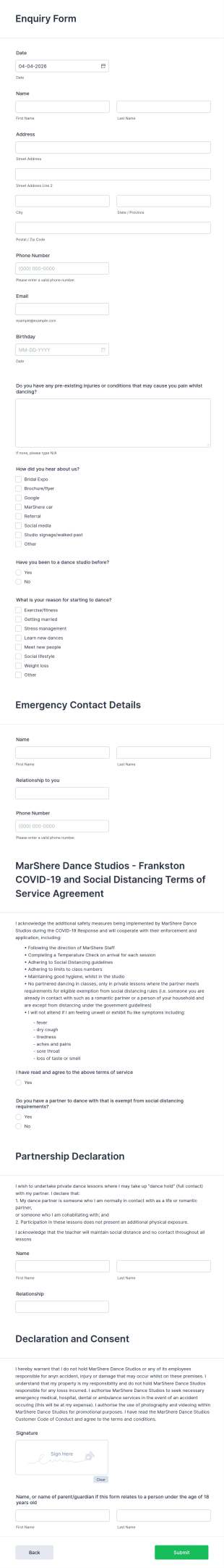Dance Studio Enquiry Form Template