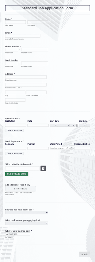 Standard Job Application Form Template